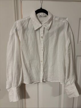 Zara White Linen Relaxed Button-Down Shirt